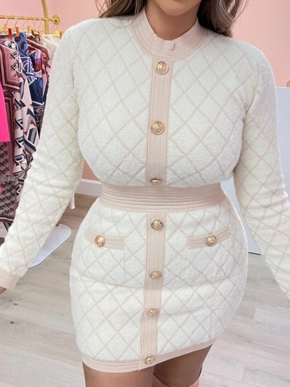 Cream Quilted Mini Skirt with Gold Button Detail
